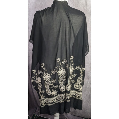 Black Bohemian Embroidered Shawl With Metal Stud Accents And Floral Pattern 42 Inches Long