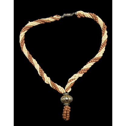 Vintage Rustic Brown And Cream Shell And Wood Beaded Necklace With Gold Tone Bauble