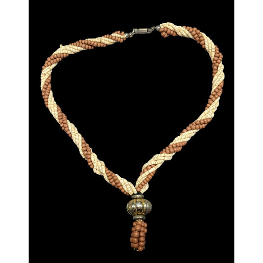 Vintage Rustic Brown And Cream Shell And Wood Beaded Necklace With Gold Tone Bauble