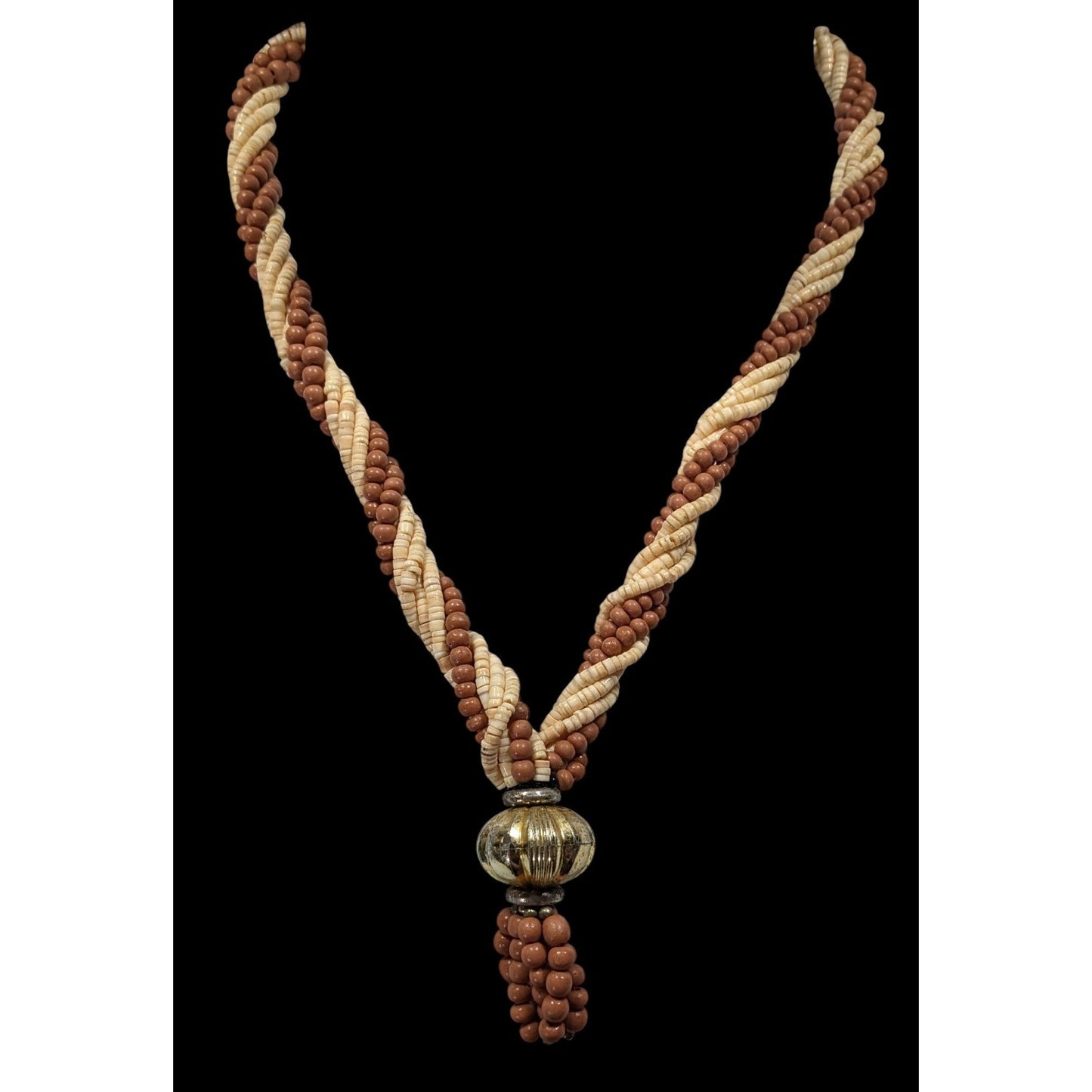 Vintage Rustic Brown And Cream Shell And Wood Beaded Necklace With Gold Tone Bauble