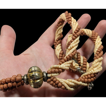 Vintage Rustic Brown And Cream Shell And Wood Beaded Necklace With Gold Tone Bauble
