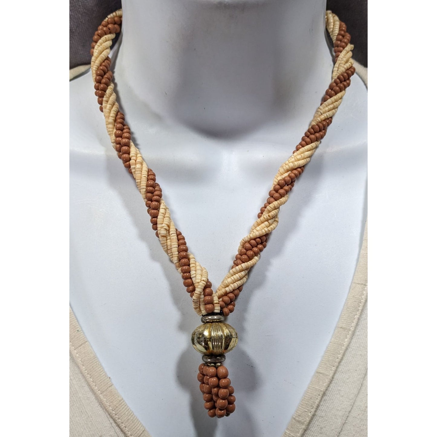 Vintage Rustic Brown And Cream Shell And Wood Beaded Necklace With Gold Tone Bauble
