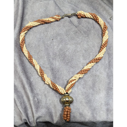 Vintage Rustic Brown And Cream Shell And Wood Beaded Necklace With Gold Tone Bauble