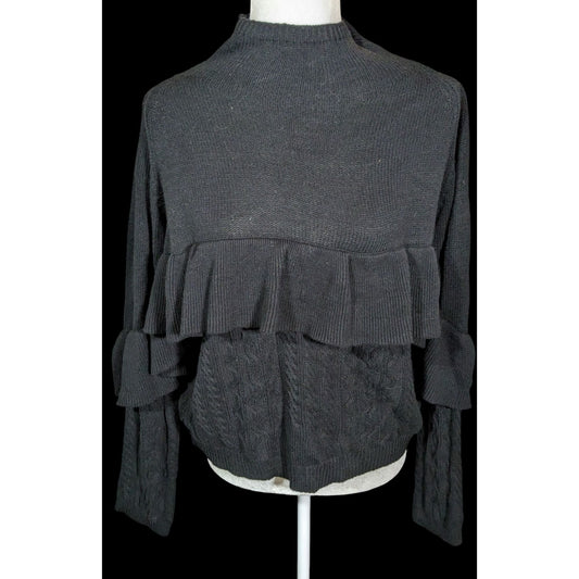 Project Naadam Mock Neck Black Ruffle Accent Cable Knit Sweater