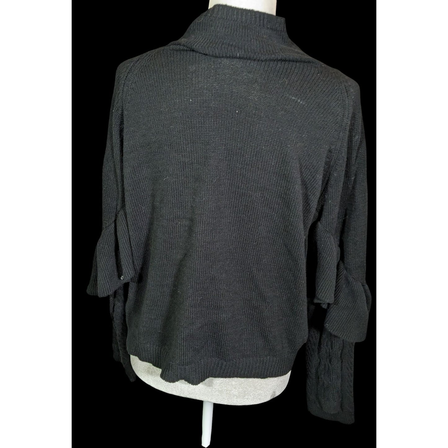 Project Naadam Mock Neck Black Ruffle Accent Cable Knit Sweater