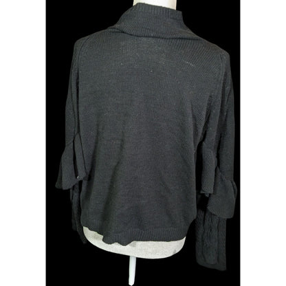 Project Naadam Mock Neck Black Ruffle Accent Cable Knit Sweater