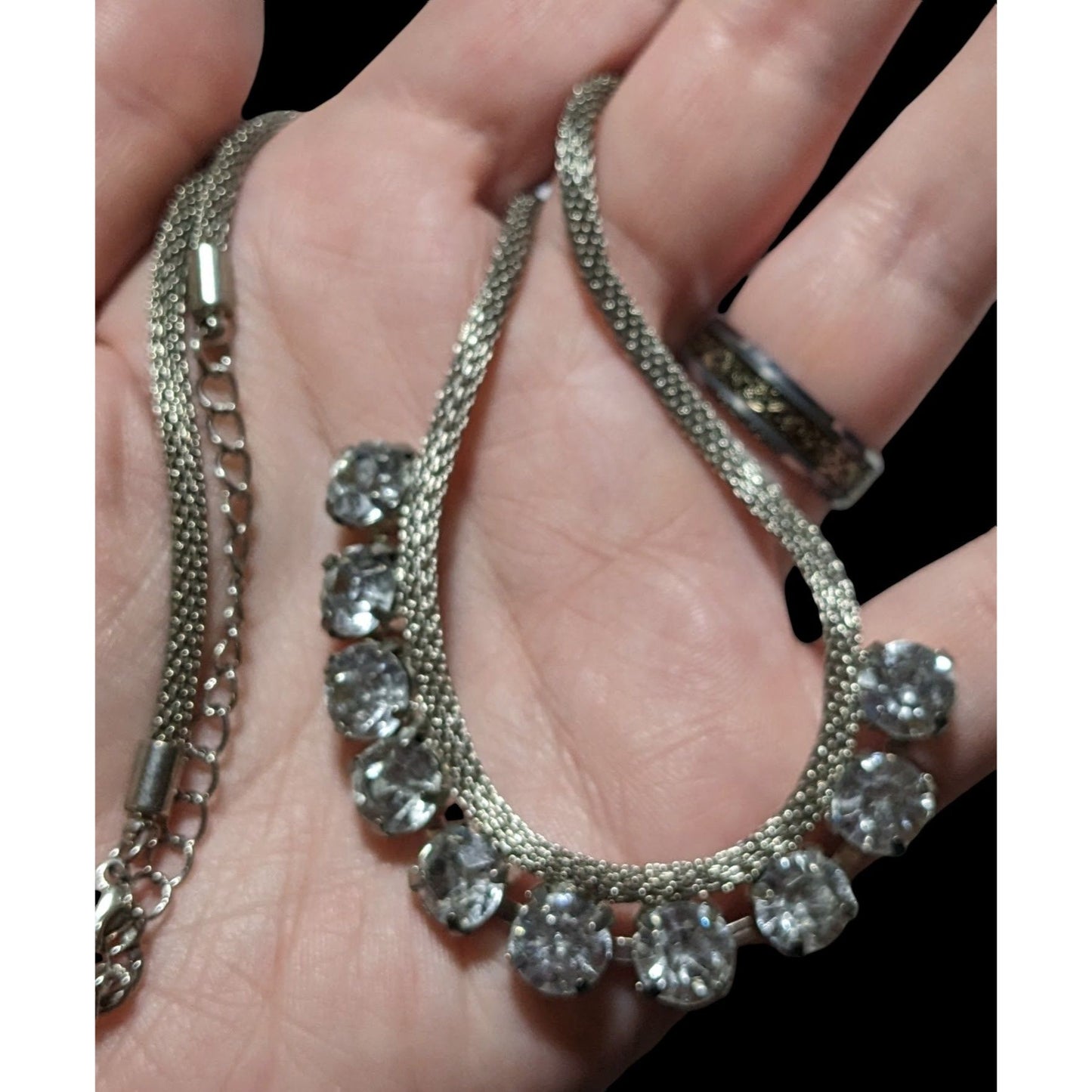 Vintage Mesh Tube Chain Rhinestone Necklace