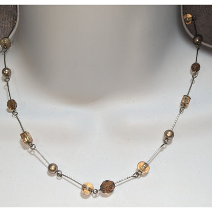 Glass Beaded Station Necklace Brown Silver Minimalist Everyday Jewelry