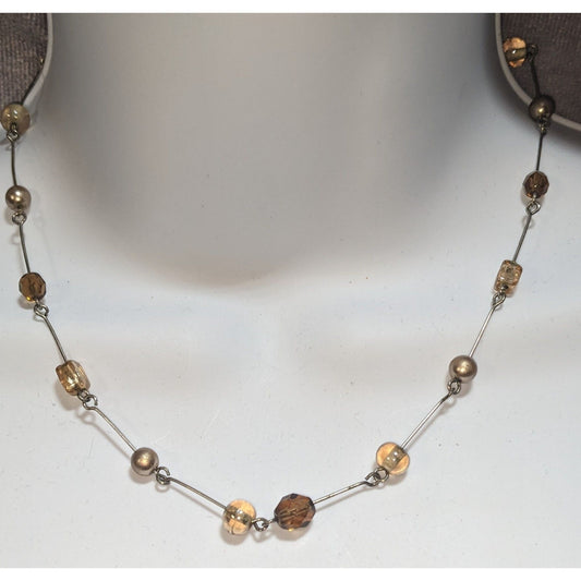 Glass Beaded Station Necklace Brown Silver Minimalist Everyday Jewelry