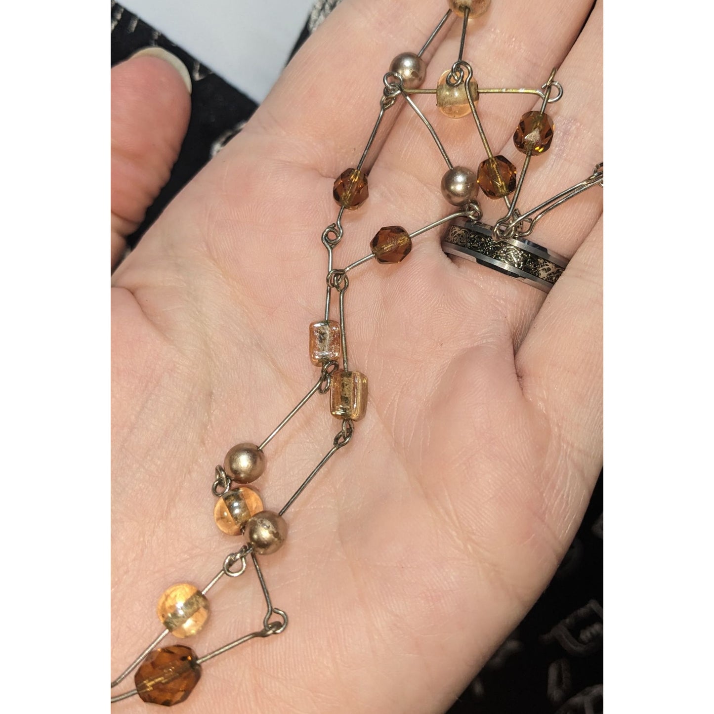 Glass Beaded Station Necklace Brown Silver Minimalist Everyday Jewelry