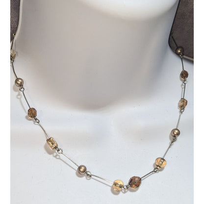 Glass Beaded Station Necklace Brown Silver Minimalist Everyday Jewelry