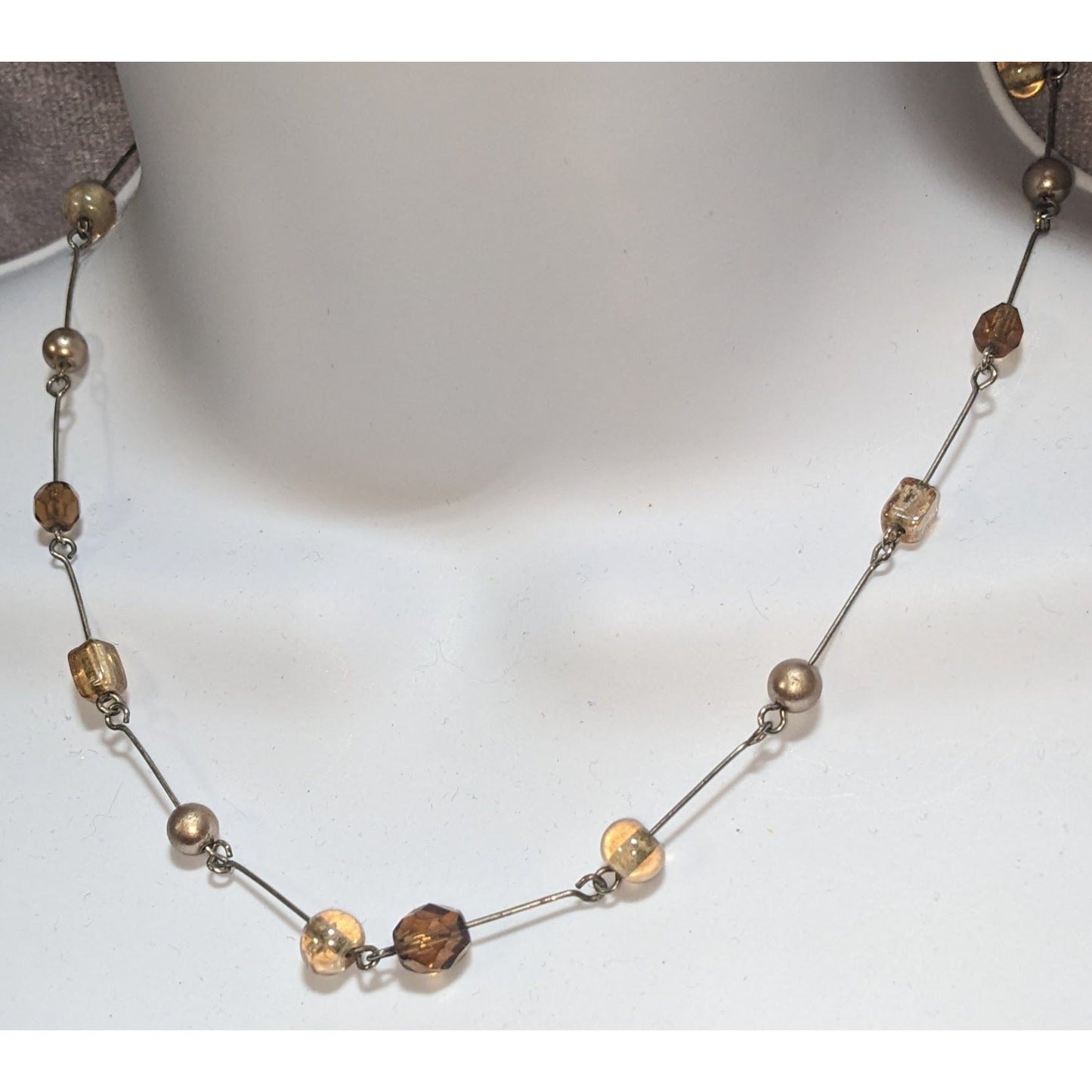Glass Beaded Station Necklace Brown Silver Minimalist Everyday Jewelry