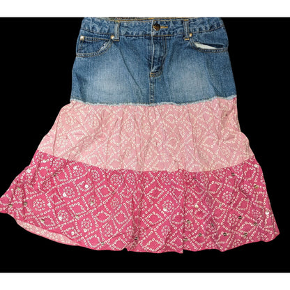 Girls Faded Glory Denim & Tiered Pink Bandana Print Skirt Size 14 Casual Western Style
