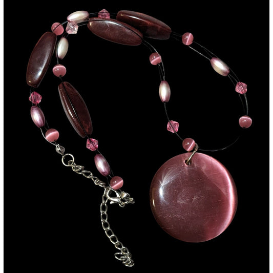 Rose Pink Glass Beaded Cateye Pendant Necklace