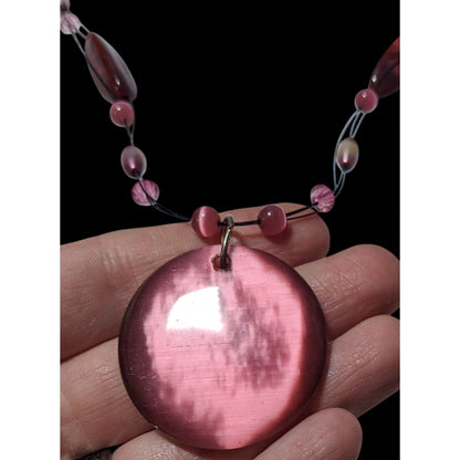 Rose Pink Glass Beaded Cateye Pendant Necklace