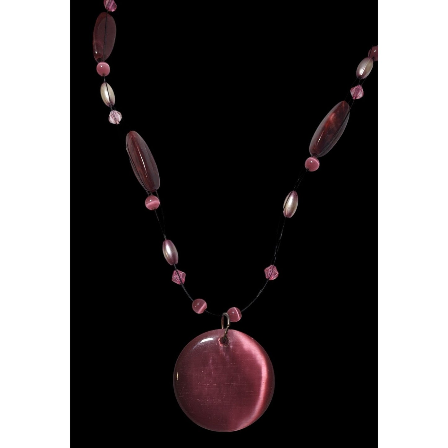 Rose Pink Glass Beaded Cateye Pendant Necklace