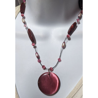 Rose Pink Glass Beaded Cateye Pendant Necklace