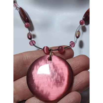 Rose Pink Glass Beaded Cateye Pendant Necklace