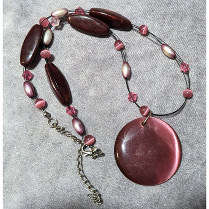 Rose Pink Glass Beaded Cateye Pendant Necklace