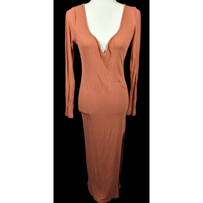 Asos Preppy Muted Orange Ribbed Deep V Neck Side Slit Maxi Dress Size 8