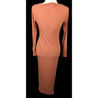 Asos Preppy Muted Orange Ribbed Deep V Neck Side Slit Maxi Dress Size 8