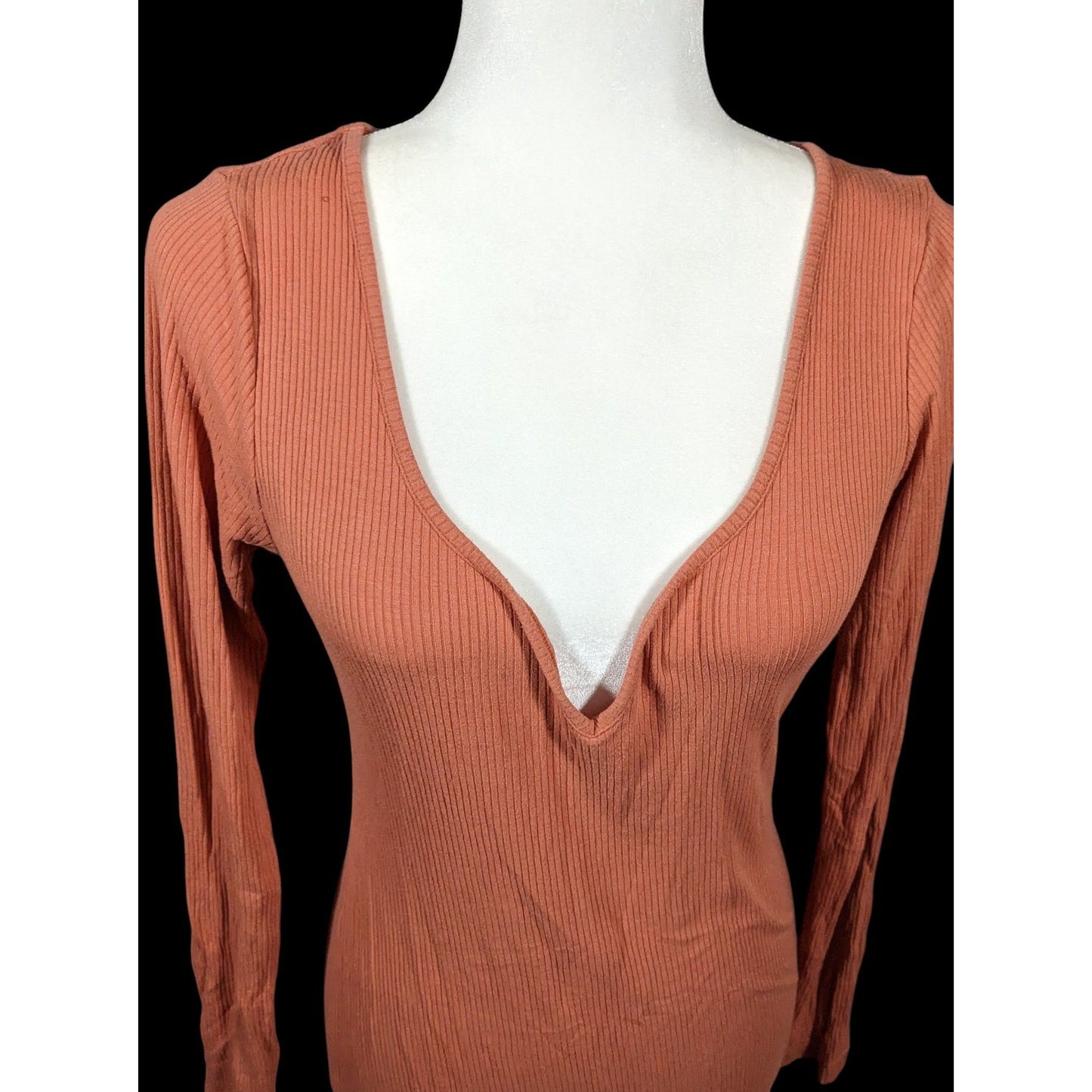 Asos Preppy Muted Orange Ribbed Deep V Neck Side Slit Maxi Dress Size 8