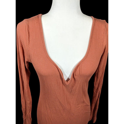 Asos Preppy Muted Orange Ribbed Deep V Neck Side Slit Maxi Dress Size 8