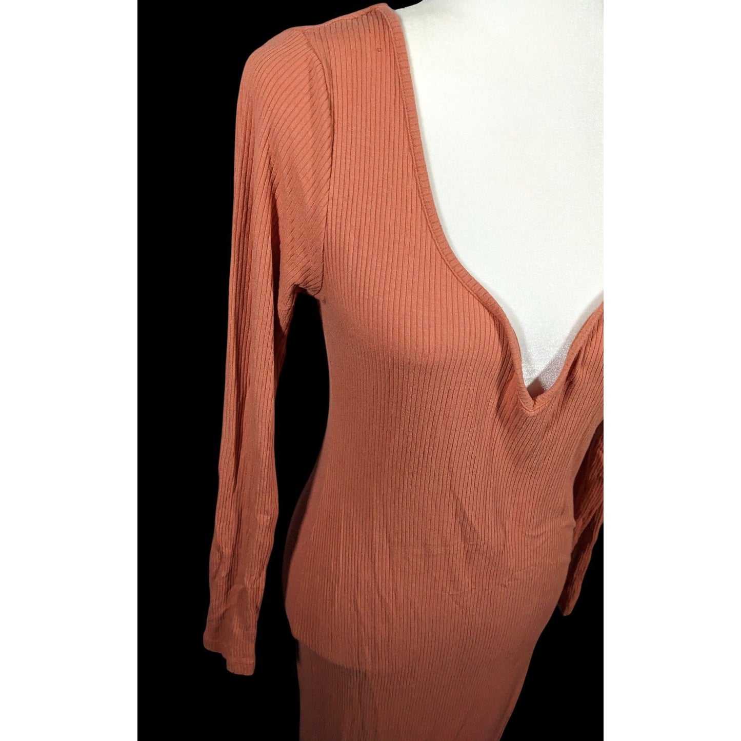 Asos Preppy Muted Orange Ribbed Deep V Neck Side Slit Maxi Dress Size 8