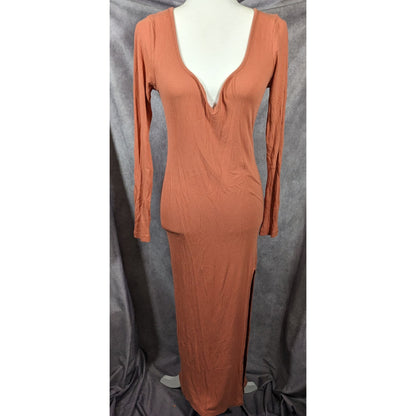 Asos Preppy Muted Orange Ribbed Deep V Neck Side Slit Maxi Dress Size 8