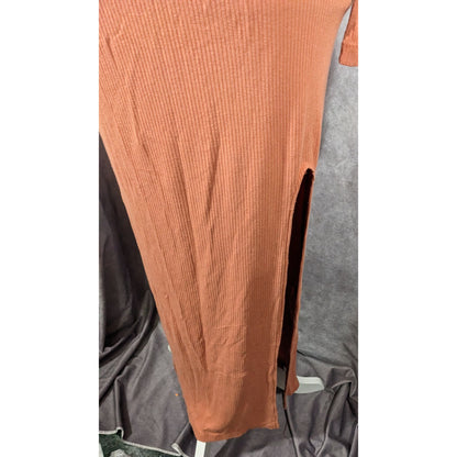 Asos Preppy Muted Orange Ribbed Deep V Neck Side Slit Maxi Dress Size 8