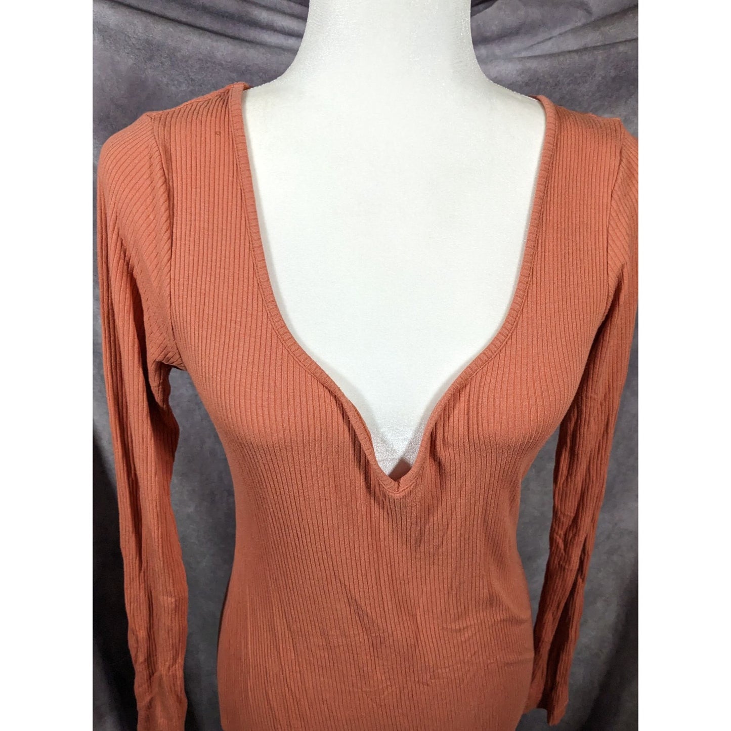 Asos Preppy Muted Orange Ribbed Deep V Neck Side Slit Maxi Dress Size 8