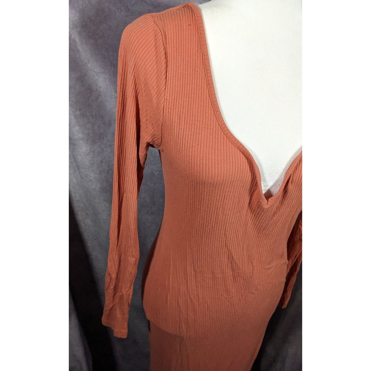 Asos Preppy Muted Orange Ribbed Deep V Neck Side Slit Maxi Dress Size 8