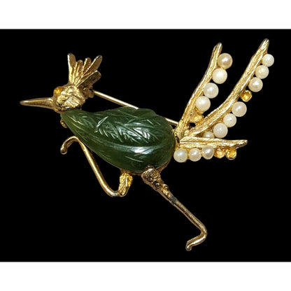 Vintage Gold Tone Jade And Seed Pearl Roadrunner Brooch