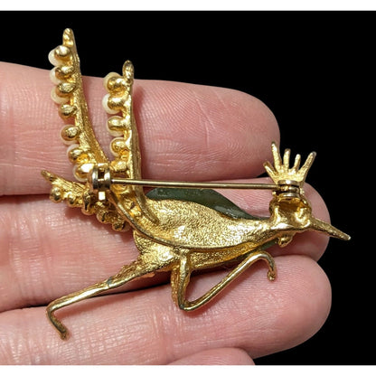 Vintage Gold Tone Jade And Seed Pearl Roadrunner Brooch