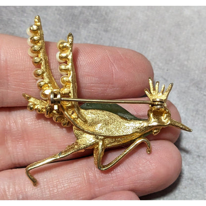 Vintage Gold Tone Jade And Seed Pearl Roadrunner Brooch