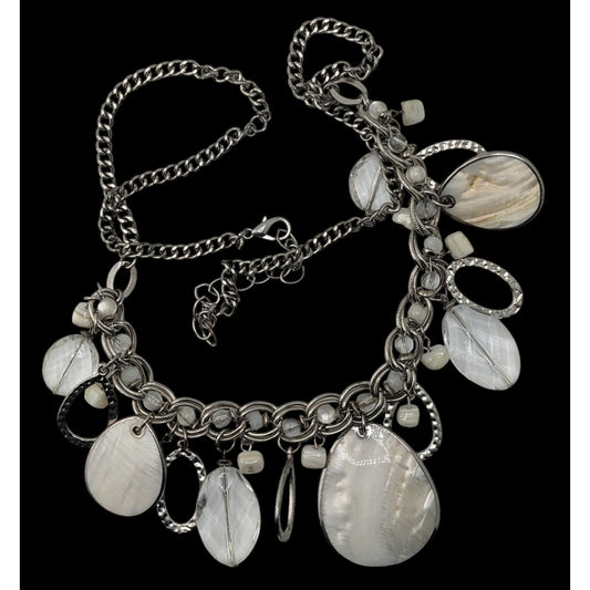 Vintage Mermaidcore Mother-Of-Pearl & Clear Glass Charm Necklace On Silver Tone Chain