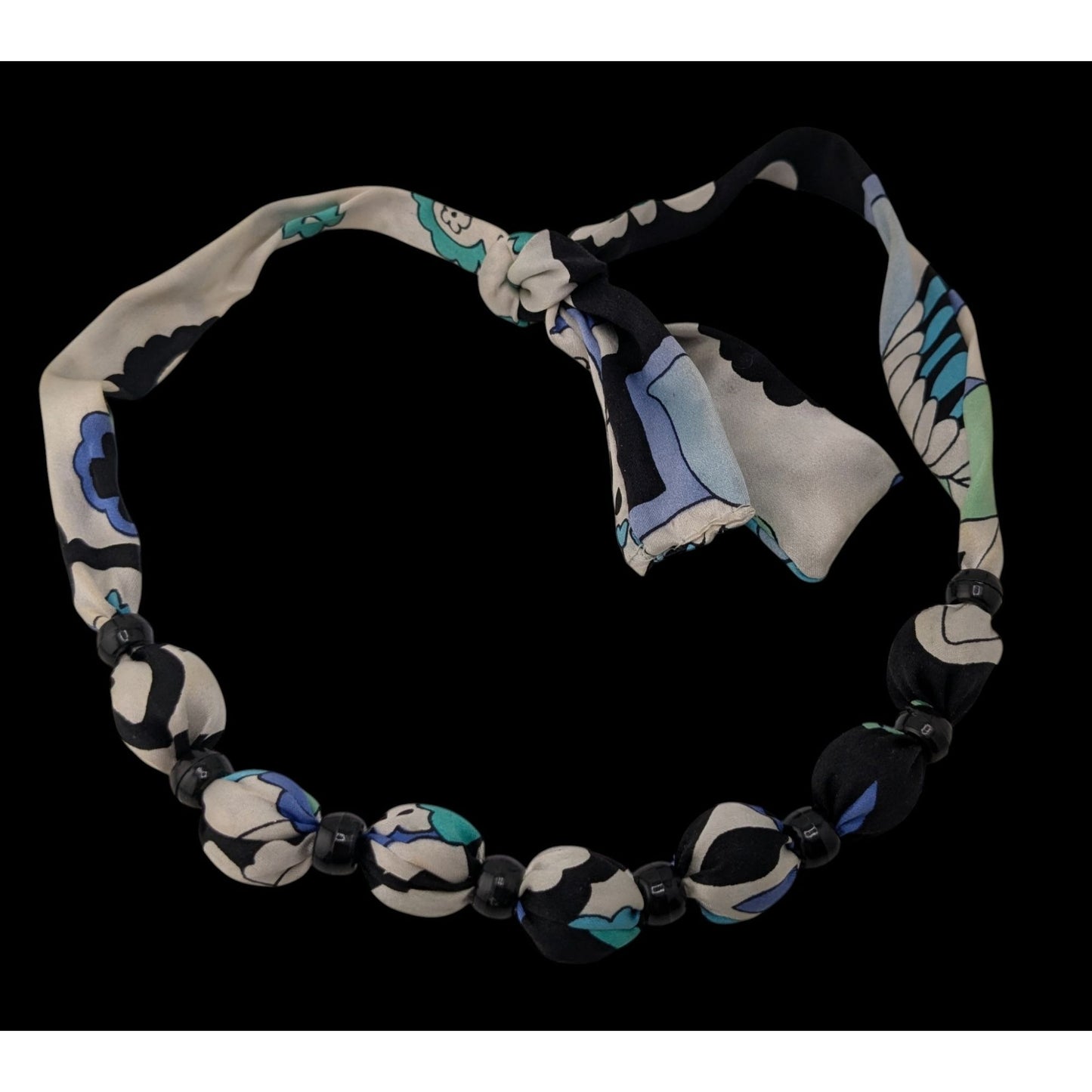 Vintage Beaded Scarf Necklace Black White Blue Retro 60s 70s Mod Statement Jewelry