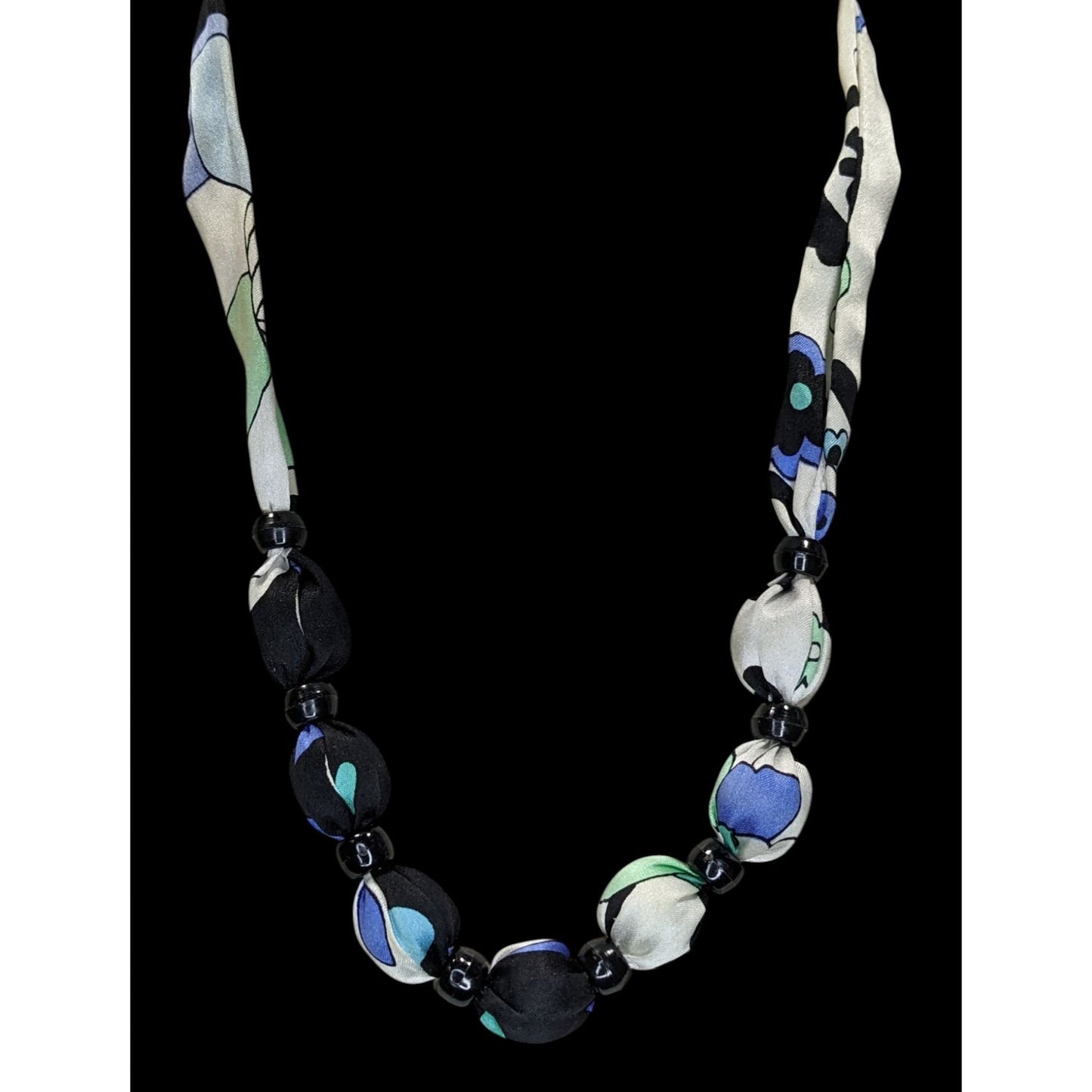 Vintage Beaded Scarf Necklace Black White Blue Retro 60s 70s Mod Statement Jewelry