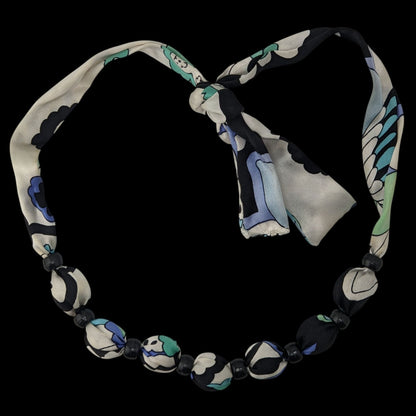 Vintage Beaded Scarf Necklace Black White Blue Retro 60s 70s Mod Statement Jewelry