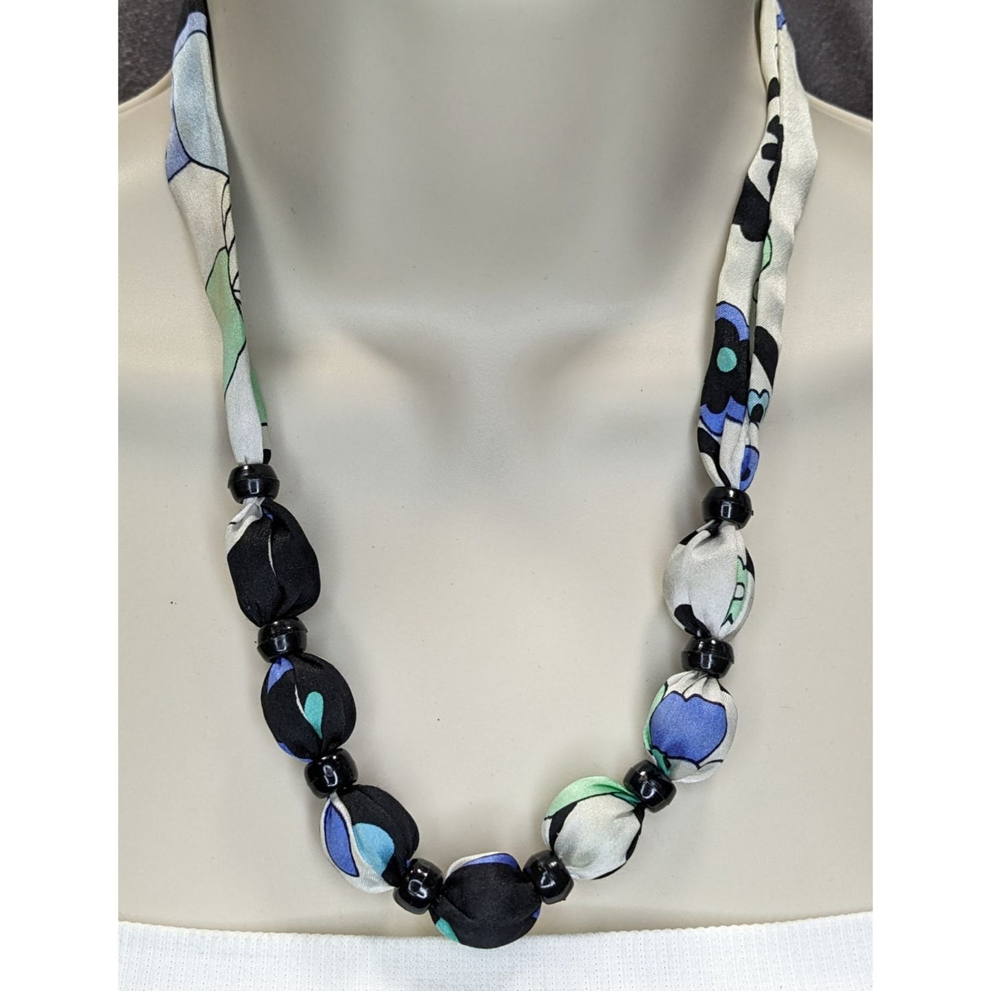 Vintage Beaded Scarf Necklace Black White Blue Retro 60s 70s Mod Statement Jewelry