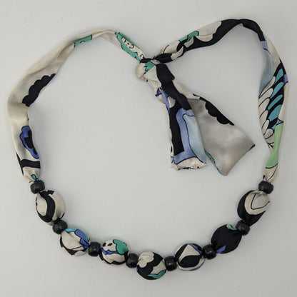 Vintage Beaded Scarf Necklace Black White Blue Retro 60s 70s Mod Statement Jewelry
