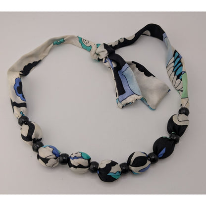 Vintage Beaded Scarf Necklace Black White Blue Retro 60s 70s Mod Statement Jewelry