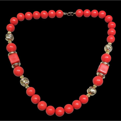 Vintage Red And Gold Tone Beaded Necklace