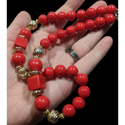 Vintage Red And Gold Tone Beaded Necklace