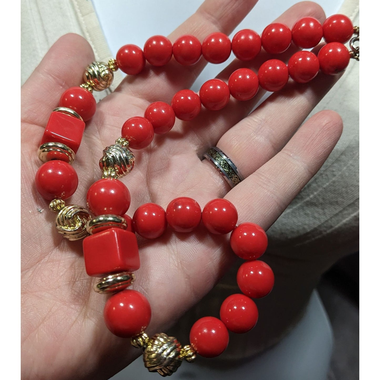 Vintage Red And Gold Tone Beaded Necklace