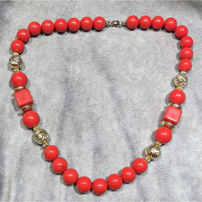 Vintage Red And Gold Tone Beaded Necklace