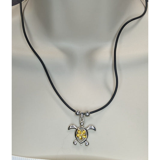 Signed Hawaii Souvenir Turtle & Flower Pendant Necklace Silver Gold Tone Tropical Jewelry