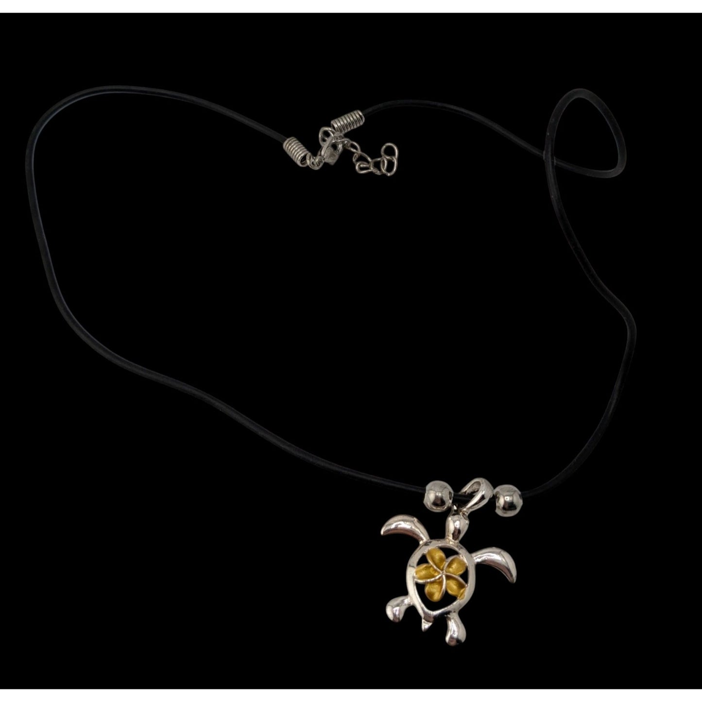 Signed Hawaii Souvenir Turtle & Flower Pendant Necklace Silver Gold Tone Tropical Jewelry