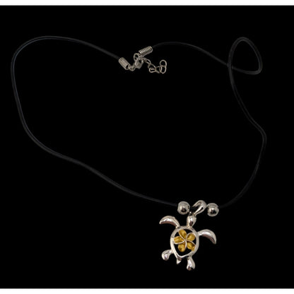 Signed Hawaii Souvenir Turtle & Flower Pendant Necklace Silver Gold Tone Tropical Jewelry