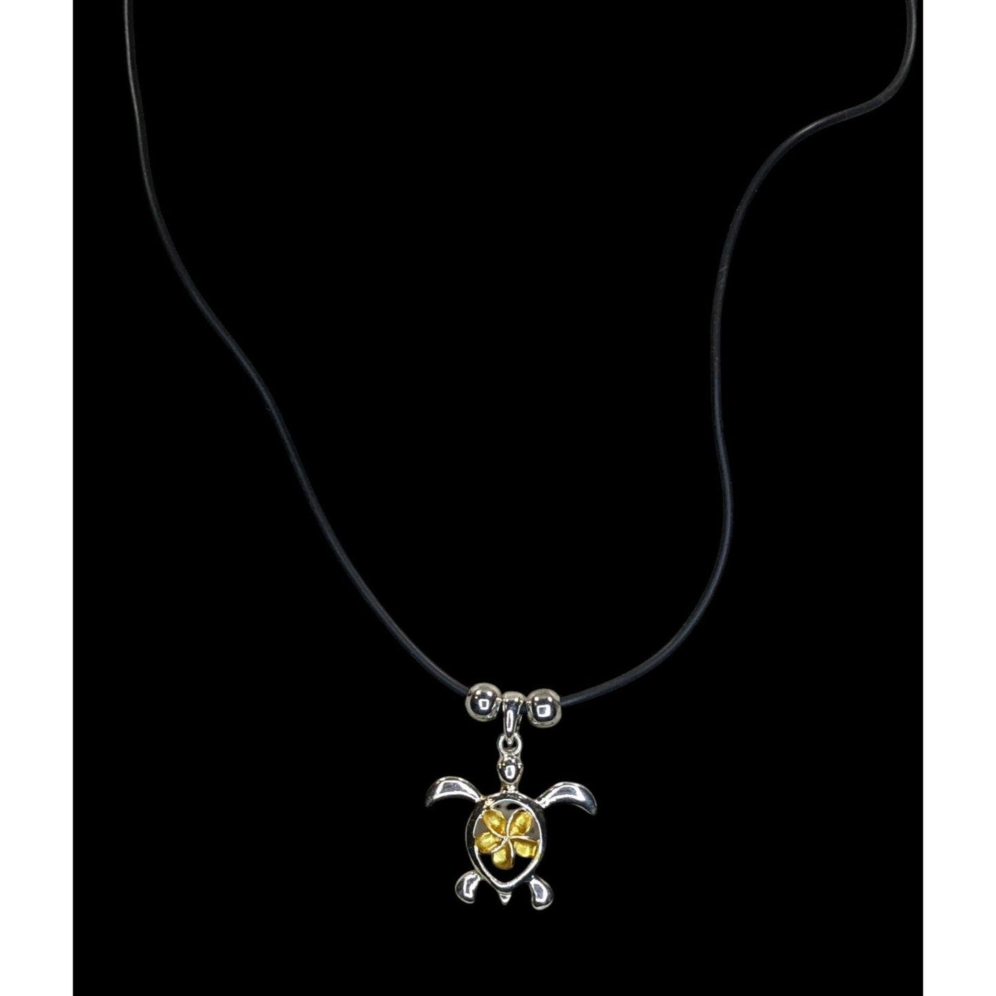 Signed Hawaii Souvenir Turtle & Flower Pendant Necklace Silver Gold Tone Tropical Jewelry